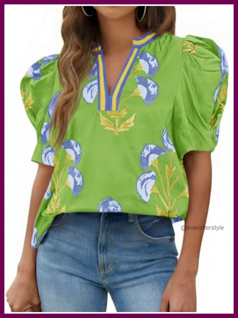 Womens Puff Sleeve Floral Blouse V-Neck Polyester Elastane Casual Dressy Top